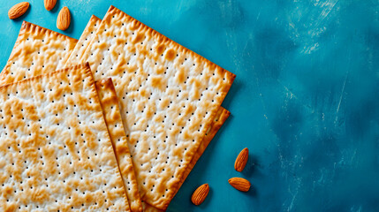 Jewish matzo and nuts on a blue background of the Easter holiday - obrazy, fototapety, plakaty