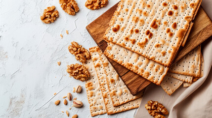 Jewish matzo and nuts on a light background Passover holiday - obrazy, fototapety, plakaty