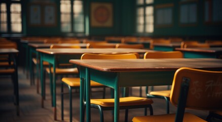 Fototapeta na wymiar Empty school office without children. Orange wooden desks on green legs. Interior of a school, classroom, summer vacation.