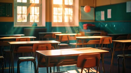 Empty school office without children. Orange wooden desks on green legs. Interior of a school, classroom, summer vacation.