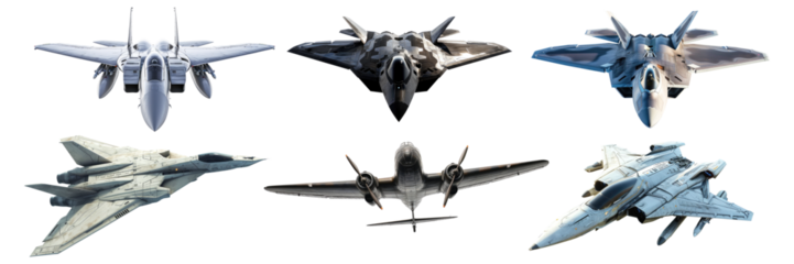 Set of jet fighter aircraft isolated on transparent background.