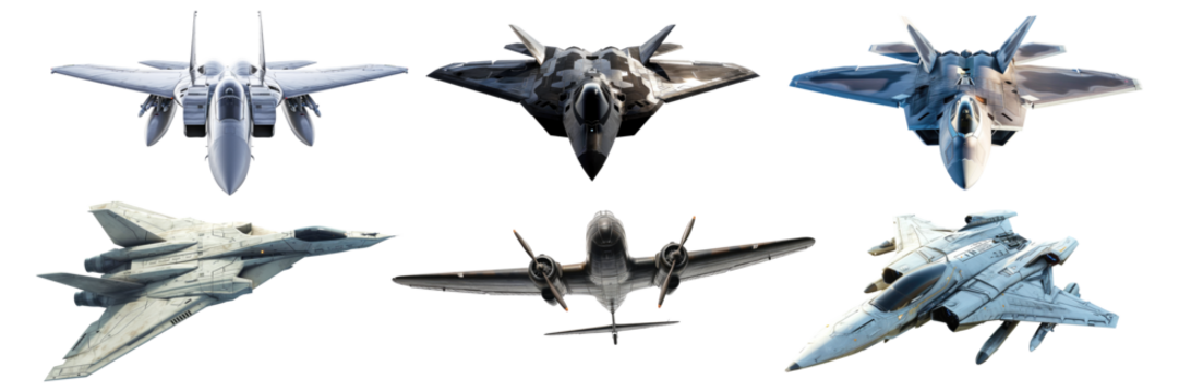 Set of jet fighter aircraft isolated on transparent background.