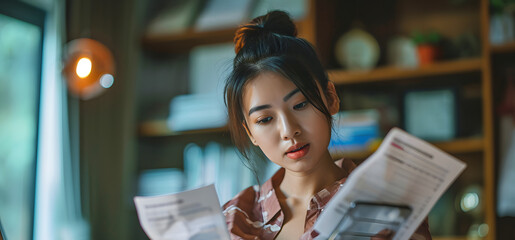Portrait of Young Asian woman holding paper various expense bills and plans for personal finances 