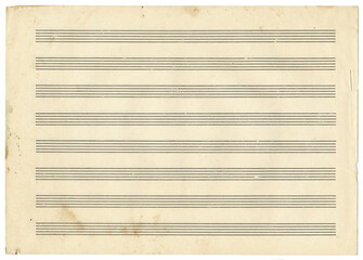 Vintage dirty blank sheet of musical notebook in a line for writing notes. Five-line staff without...