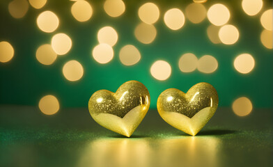 Fototapeta premium Two small gold heart on a sparkling soft green background, Valentine's Day, Christmas. Generative AI