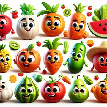 A funny cartoon image of a various fruits and vegetables