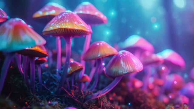 Beautiful Psychedelic Mushroom. Magical Forest. Trippy drugs. Colorful fungus background. Poisonous fly agaric. Toxic multicolor psilocybin mushrooms. Psychoactive food. Neon pink color.