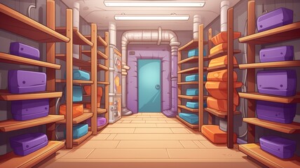 cartoon illustration organized storage room with shelves filled with boxes and a secure door at the end.