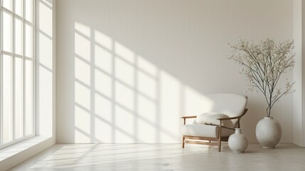 Fototapeta premium Interior of a bright spacious room with sunny shadows on the wall. Apartment with an empty wall, a chair and an indoor flower - a palm tree. Interior Design.