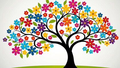 Illustration of Abstract Tree Adorned with Colorful Flowers