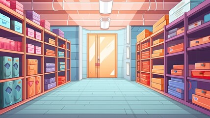 cartoon illustration organized storage room with shelves filled with boxes and a secure door at the end.