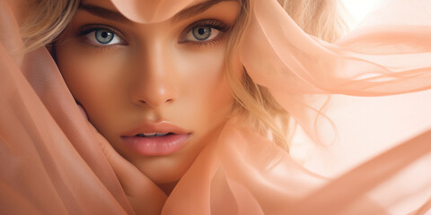 A woman's face in a tulle fabric. Casually
green eyes. An Arab girl. Watercolor illustration. Horizontal space for copying on a pastel peach fluffy pink background.