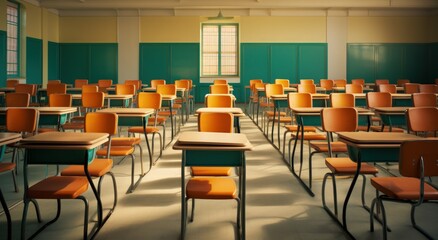 Empty school office without children. Orange wooden desks on green legs. Interior of a school, classroom, summer vacation.