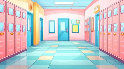 cartoon illustration Interior school corridor with doors and lockers