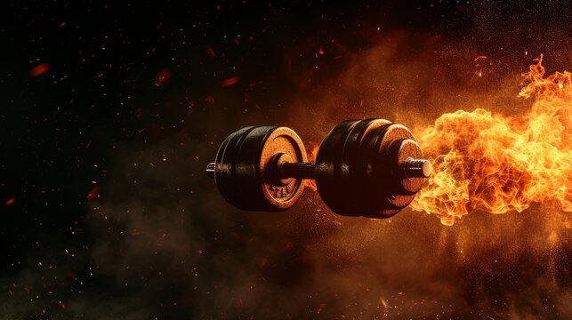Professional Dumbbell Sports Equipment in fire flying on the black background. Horizontal Illustration. Wellness and Fitness. Ai Generated Illustration with Functional Ergonomic Dumbbell.