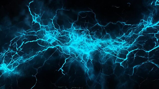 Complex intertwining blue electrical sparks against a dark background.
