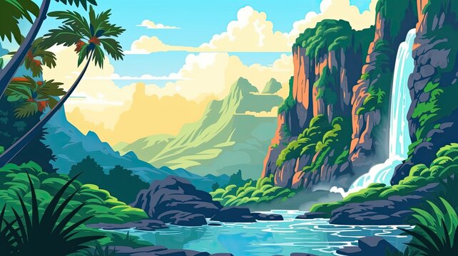 cartoon illustration tropical landscape. The foreground features lush greenery and palm trees, with a calm blue pond reflecting the sky.