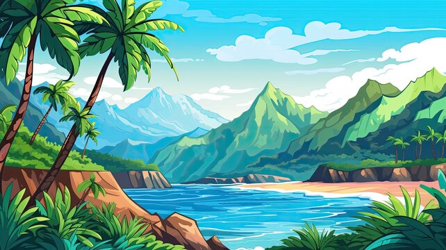 cartoon illustration tropical landscape. The foreground features lush greenery and palm trees, with a calm blue pond reflecting the sky.