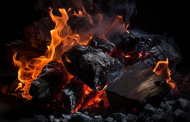 A burning, fiery black charcoal. generative AI