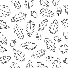 Seamless pattern of oak leaves isolated on white background. Hand drawn monochrome vector illustration.