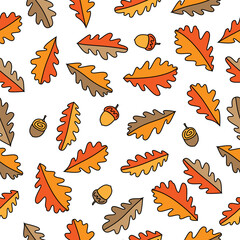 Seamless pattern of autumn oak leaves isolated on white background. Hand drawn vector illustration.