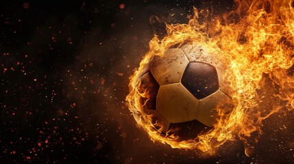 Fototapeta premium Professional Football ball Sports Equipment in fire flying on the black background. Horizontal Illustration. Sporting Gear Ai Generated Illustration with Active Game Football ball Sports Equipment.