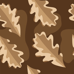 Seamless pattern of autumn oak leaves on camouflage background. Hand drawn vector illustration.