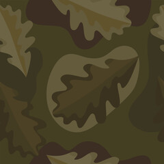 Seamless pattern of autumn oak leaves on camouflage green background. Hand drawn vector illustration.