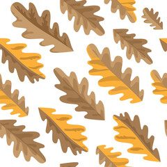 Seamless pattern of autumn oak leaves isolated on white background. Hand drawn vector illustration.