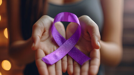 World cancer day inscription. healthcare and medicine concept - baby girl hands holding purple cancer awareness ribbon. 4 February day, generative ai