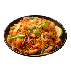 Stir fry noodles with vegetables and beef in black bowl. on a png background