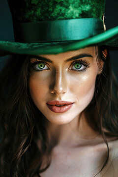 St. Patrick's Day. Portrait of a beautiful young woman wearing a leprechaun hat