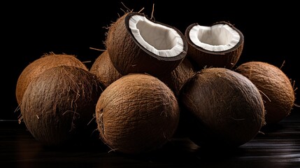 Collection of Fresh coconut fruit on black background. generative AI