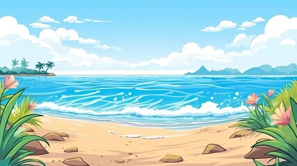 Fototapeta na wymiar cartoon illustration of Landscape, nature vacation, ocean or sea seashore.