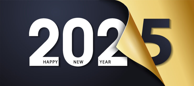 A black advertising poster with congratulations on the New Year 2025.A banner with an open gift wrapping paper. Change the concept or open for the new golden year 2025. A template for promotion.Vector