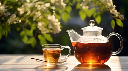 Black tea in glass cup and teapot on summer outdoor background. Copy space