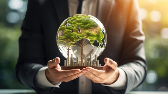 Business sustainability strategy concept, balancing economic growth and social responsibility, copy space for text