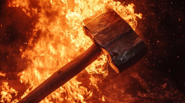 Versatile Hammer Construction Tool in fire flying on the black background. Horizontal Illustration. Building Equipment. Ai Generated Illustration with Efficient Ergonomic Hammer Construction Tool.