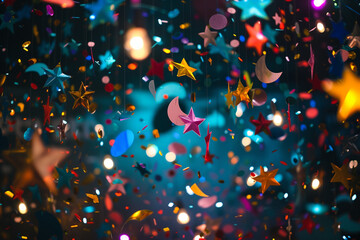 Confetti in the shape of stars and moons over a night-time carnival, colorful background, Carnival