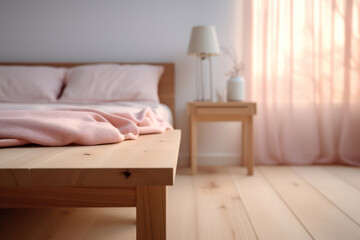 Fototapeta na wymiar Cozy Modern Bedroom with White Bedding and Wooden Furniture, Pillow, and Lamp on Bedside Table, Interior Design Concept with Comfortable Blanket and Bright Pastel Background
