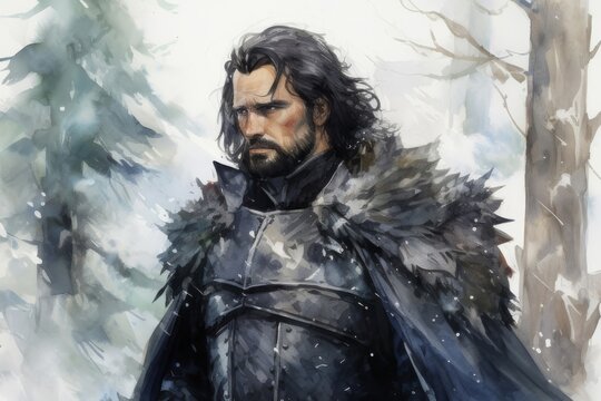 painting of an older knight. The background is snowy with fir and alpine trees
