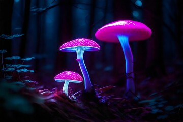 bioluminescent mushrooms - pink bioluminescent neon mushrooms glowing in a dark forest at down. Creative illustration. Amazing nature. 