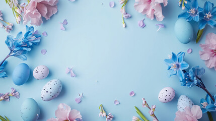 Easter banner. Spring flowers, petals, pink, indigo speckled eggs, copy space in center, blue background, greeting card, happy Holliday, place for text, decoration, top view, minimalistic festive