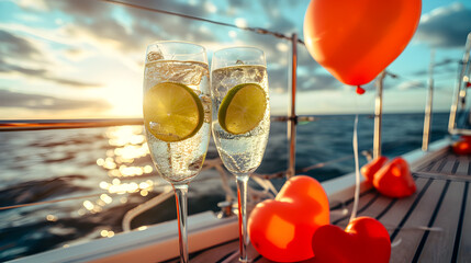 Cinematic photograph of two gin tonic sparkling cocktail with lime  on a yacht deck at sea. Sunshine. Heart shaped balloons and confeti. Valentines. Love