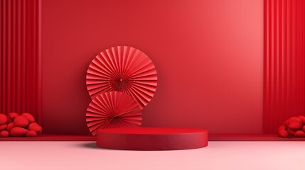 Chinese new year, Red podium display mockup on red abstract background with red hand paper fan, Stage for product minimal presentation, 3d rendering.