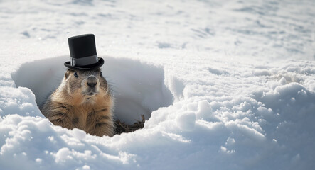 Ground hog coming out his hole in winter time - obrazy, fototapety, plakaty