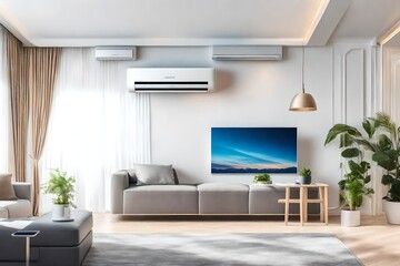 generic air conditioner purifier or AC controller split unit mockup with modern bright Livingroom background