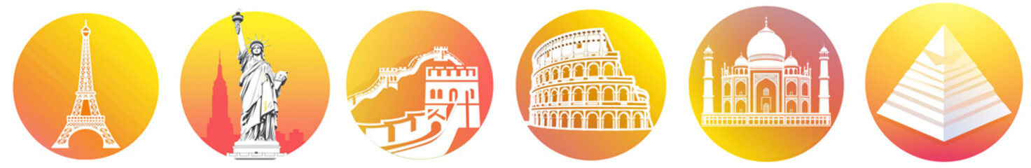 Fototapeta premium World famous Wonders Eiffel tower, Statue of liberty, Great wall of China, Colosseum, Taj mahal and pyramid of Giza. In white and yellow circle vector design on white background.