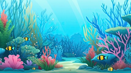 Fototapeta na wymiar cartoon illustration of Underwater Oasis, coral, seaweed, and small fish swimming amidst the serene blue waters.