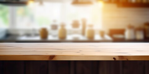 Blurred kitchen background with wooden table top, suitable for product display or design layout.